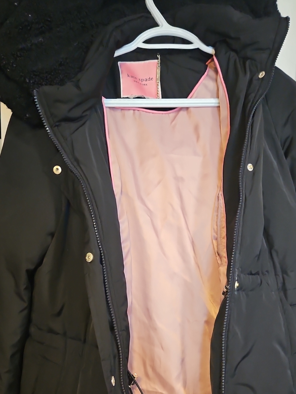 kate spade Black Puffer Coat with Pink Interior
